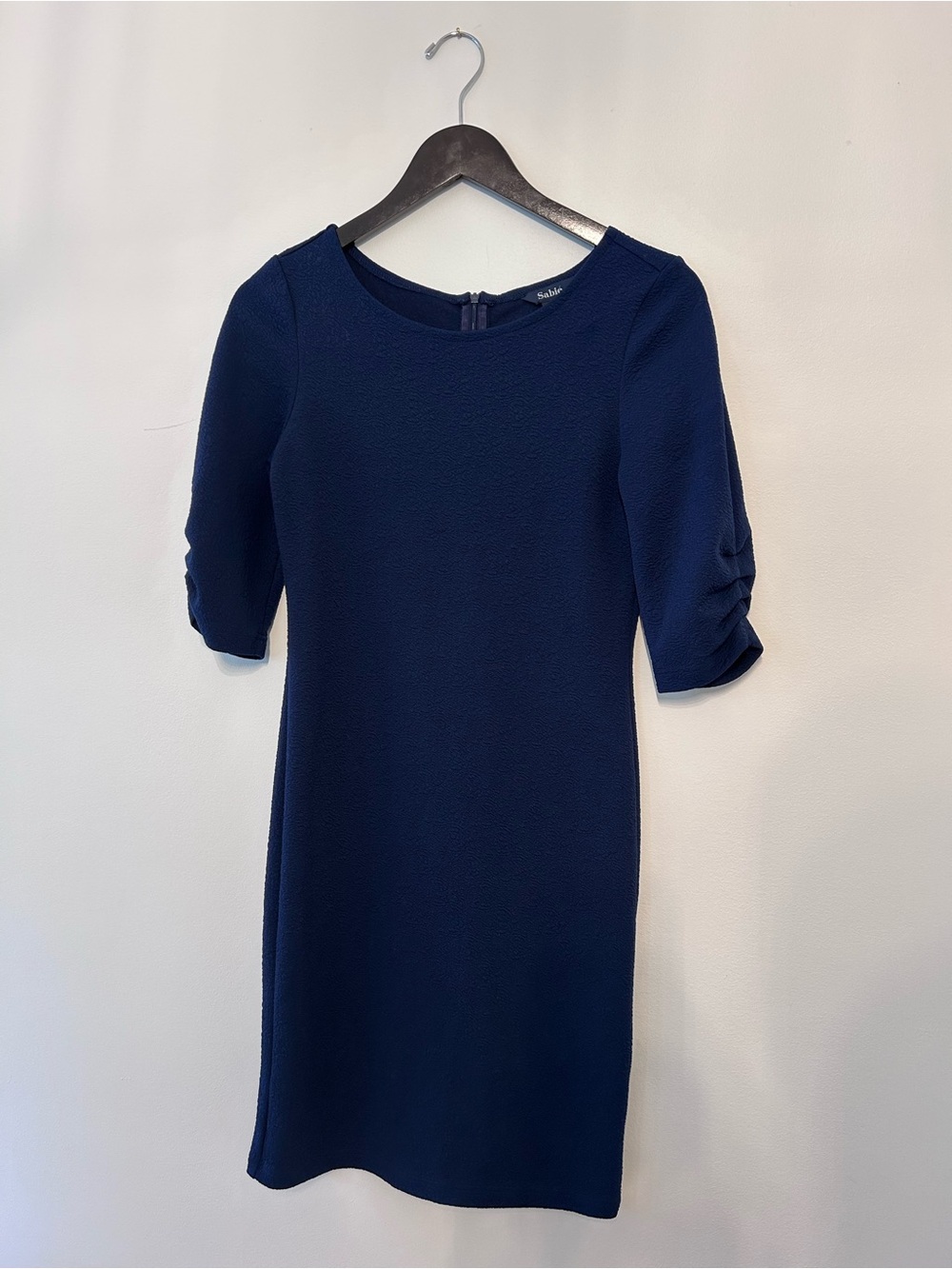 Sabine Navy Textured Midi Dress with Ruched Elbow Sleeves